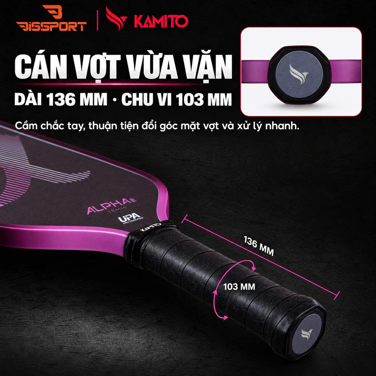 Vợt Pickleball Kamito Alpha 2 Hồng Chính Hãng - Nhẹ Tay - Kiểm Soát Đường Bóng - Mặt Carbon Fiber Nhám
